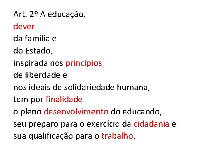 Art. 2º A educação, dever da família e do Estado, inspirada nos princípios de