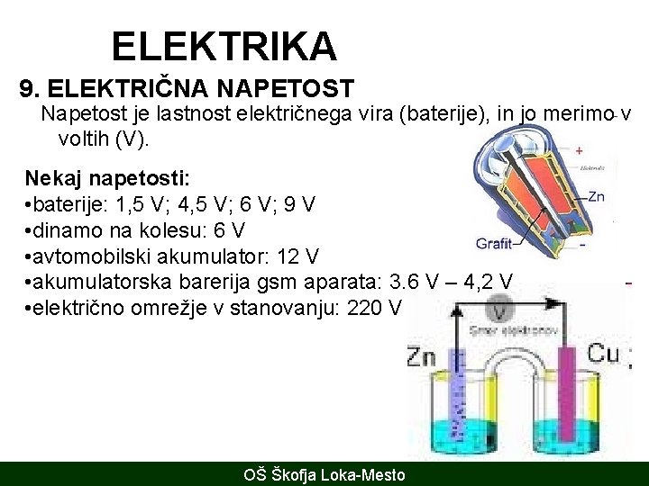 ELEKTRIKA 9. ELEKTRIČNA NAPETOST Napetost je lastnost električnega vira (baterije), in jo merimo v
