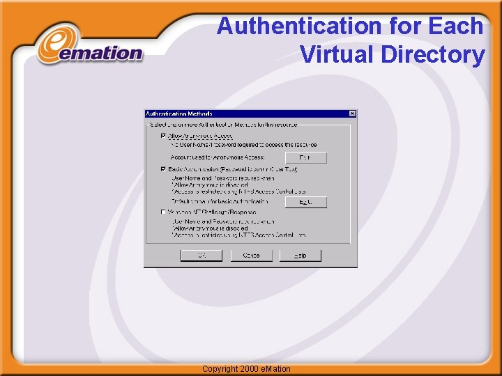 Authentication for Each Virtual Directory Copyright 2000 e. Mation 