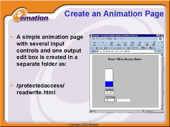 Create an Animation Page § A simple animation page with several input controls and