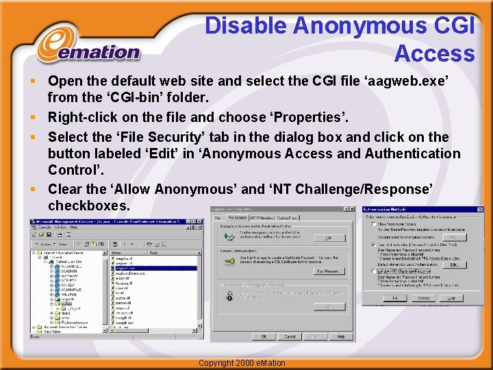 Disable Anonymous CGI Access § Open the default web site and select the CGI