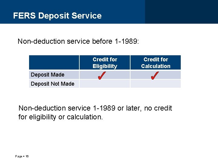 FERS Deposit Service Non-deduction service before 1 -1989: Credit for Eligibility Credit for Calculation