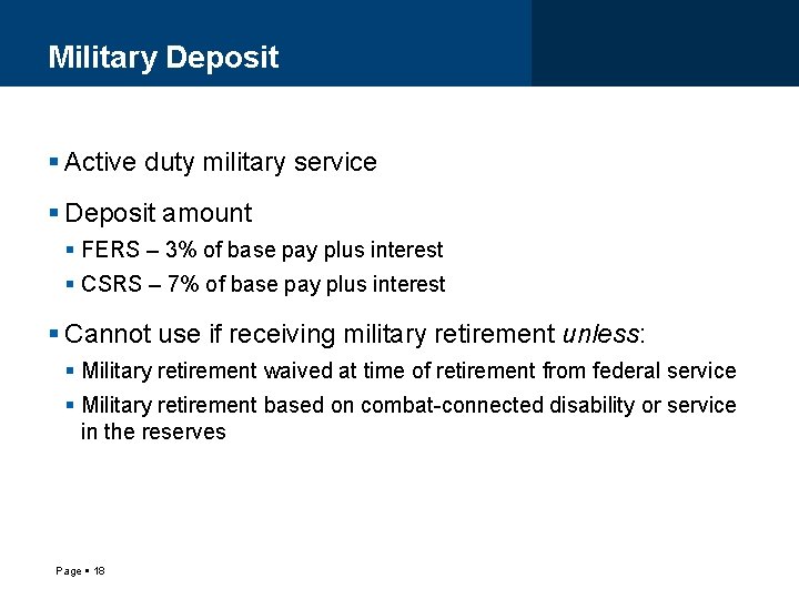 Military Deposit Active duty military service Deposit amount FERS – 3% of base pay