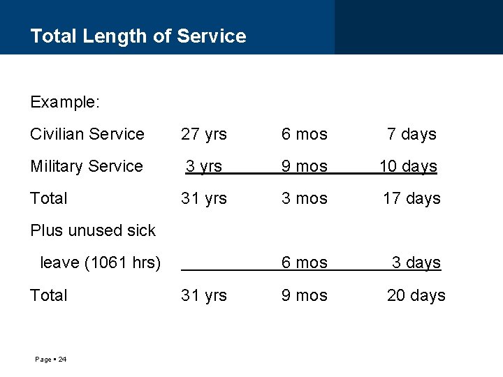 Total Length of Service Example: Civilian Service 27 yrs 6 mos 7 days Military