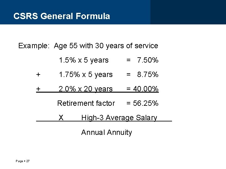 CSRS General Formula Example: Age 55 with 30 years of service 1. 5% x