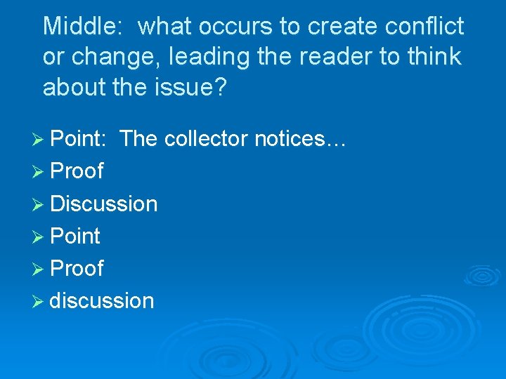 Middle: what occurs to create conflict or change, leading the reader to think about
