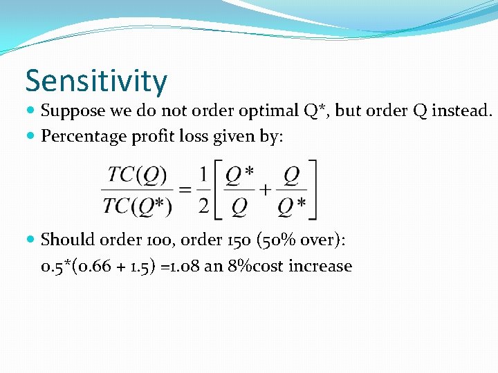 Sensitivity Suppose we do not order optimal Q*, but order Q instead. Percentage profit