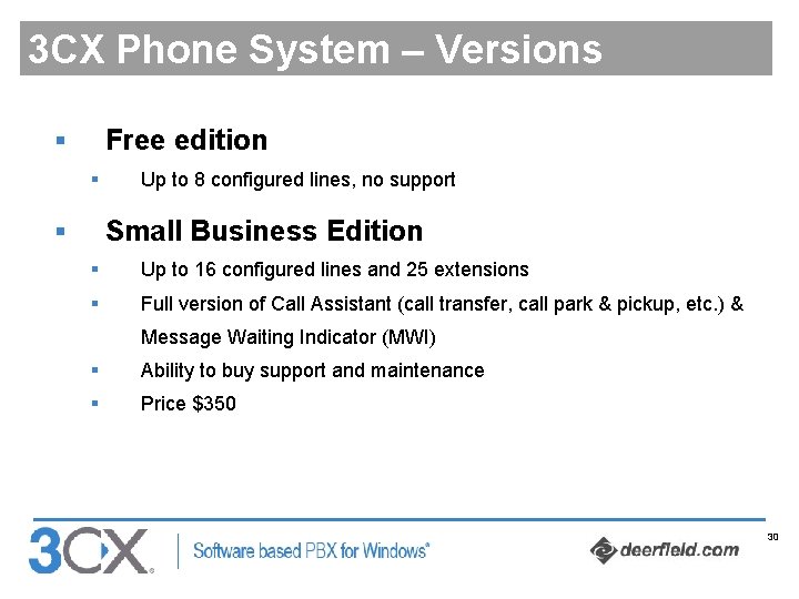3 CX Phone System – Versions Free edition § § Up to 8 configured