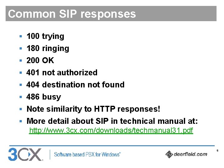 Common SIP responses § 100 trying § 180 ringing § 200 OK § 401