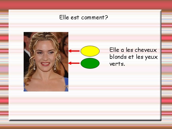 Elle est comment? Elle a les cheveux blonds et les yeux verts. 