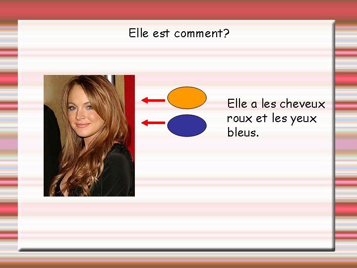 Elle est comment? Elle a les cheveux roux et les yeux bleus. 