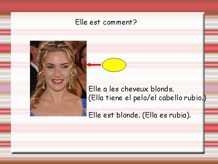 Elle est comment? Elle a les cheveux blonds. (Ella tiene el pelo/el cabello rubio.