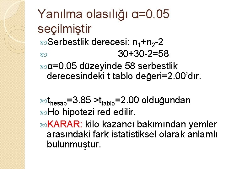 Yanılma olasılığı α=0. 05 seçilmiştir Serbestlik derecesi: n 1+n 2 -2 30+30 -2=58 α=0.