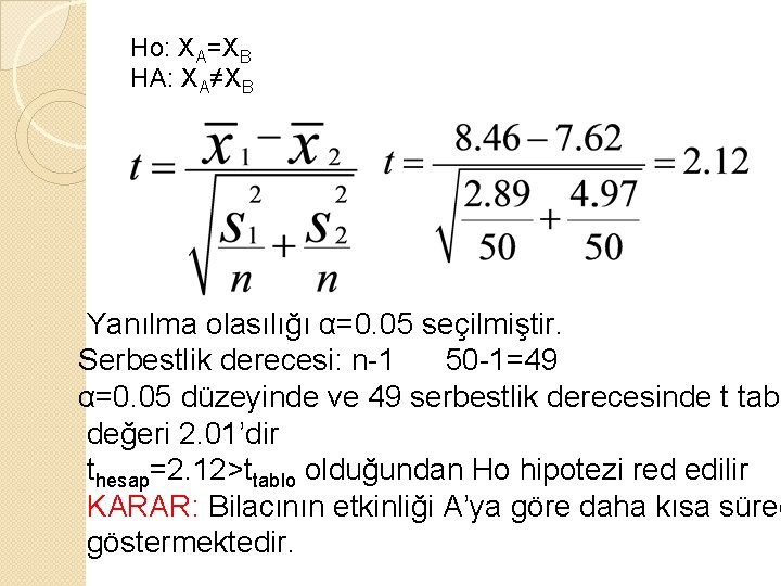 Ho: XA=XB HA: XA≠XB Yanılma olasılığı α=0. 05 seçilmiştir. Serbestlik derecesi: n-1 50 -1=49