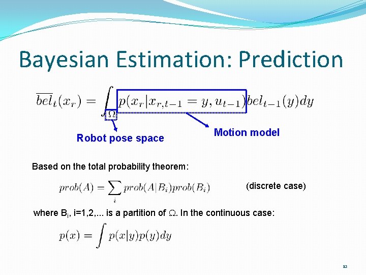 Bayesian Estimation: Prediction Robot pose space Motion model Based on the total probability theorem: