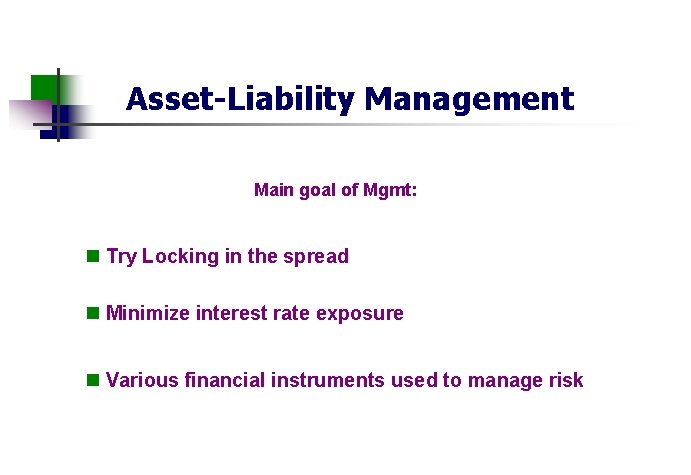 Asset-Liability Management Main goal of Mgmt: n Try Locking in the spread n Minimize