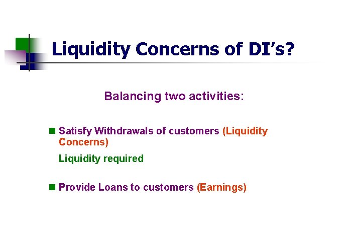 Liquidity Concerns of DI’s? Balancing two activities: n Satisfy Withdrawals of customers (Liquidity Concerns)