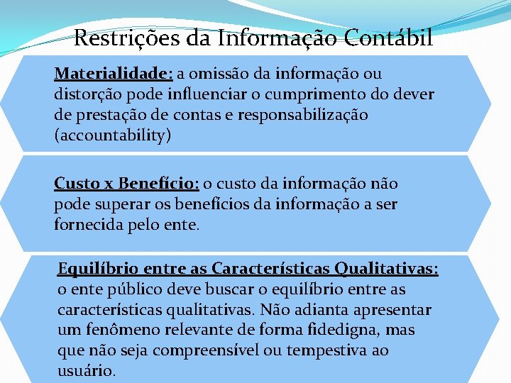 Restrições da Informação Contábil Materialidade: a omissão da informação ou distorção pode influenciar o