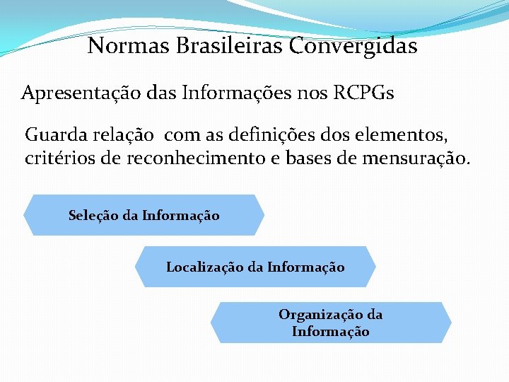 Normas Brasileiras Convergidas Apresentação das Informações nos RCPGs Guarda relação com as definições dos