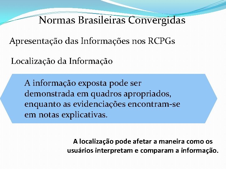 Normas Brasileiras Convergidas Apresentação das Informações nos RCPGs Localização da Informação A informação exposta