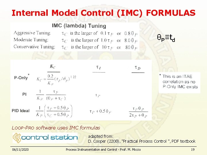 Internal Model Control (IMC) FORMULAS θP≡td LOOP-PRO software uses IMC formulas adapted from: D.