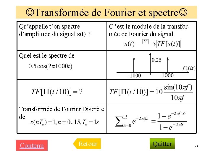  Transformée de Fourier et spectre Qu’appelle t’on spectre d’amplitude du signal s(t) ?