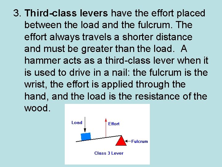 3. Third-class levers have the effort placed between the load and the fulcrum. The