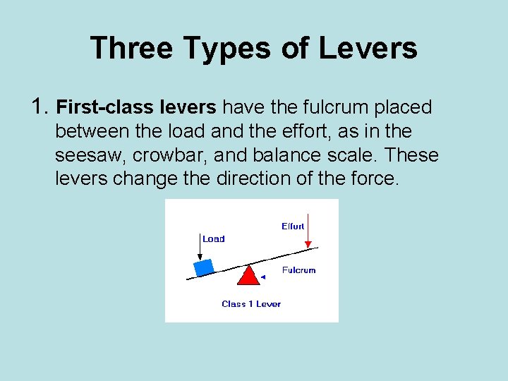 Three Types of Levers 1. First-class levers have the fulcrum placed between the load