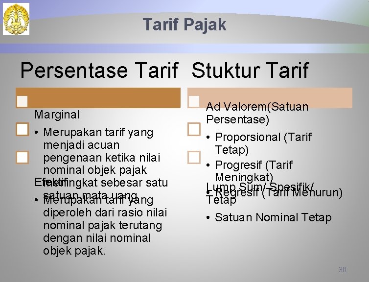 Tarif Pajak Persentase Tarif Stuktur Tarif Marginal • Merupakan tarif yang menjadi acuan pengenaan