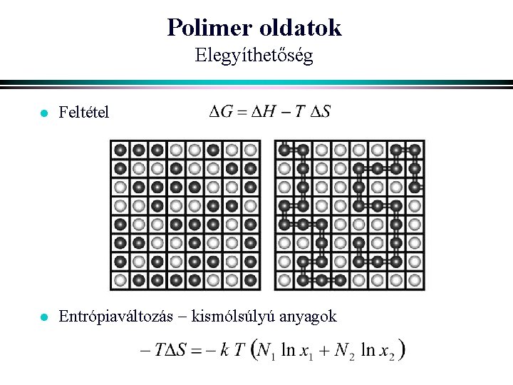 Polimer oldatok Elegyíthetőség l Feltétel l Entrópiaváltozás kismólsúlyú anyagok 