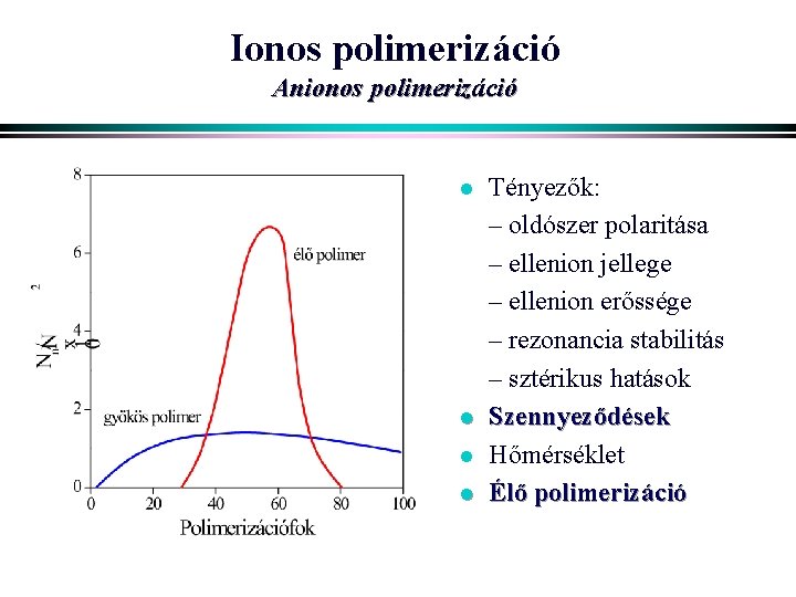 Ionos polimerizáció Anionos polimerizáció l l Tényezők: – oldószer polaritása – ellenion jellege –