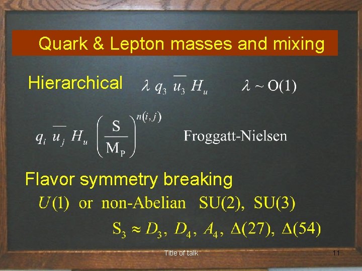  Quark & Lepton masses and mixing Hierarchical Flavor symmetry breaking Title of talk