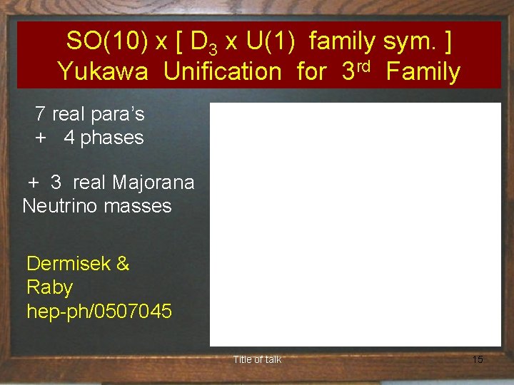 SO(10) x [ D 3 x U(1) family sym. ] Yukawa Unification for 3