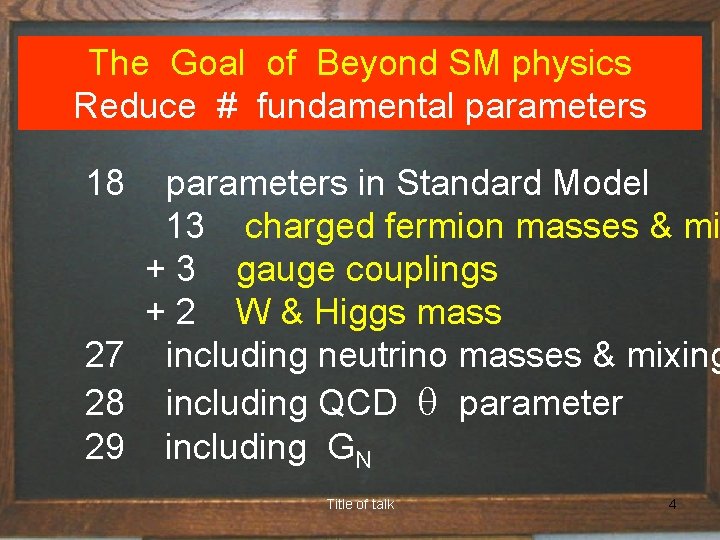 The Goal of Beyond SM physics Reduce # fundamental parameters 18 parameters in Standard