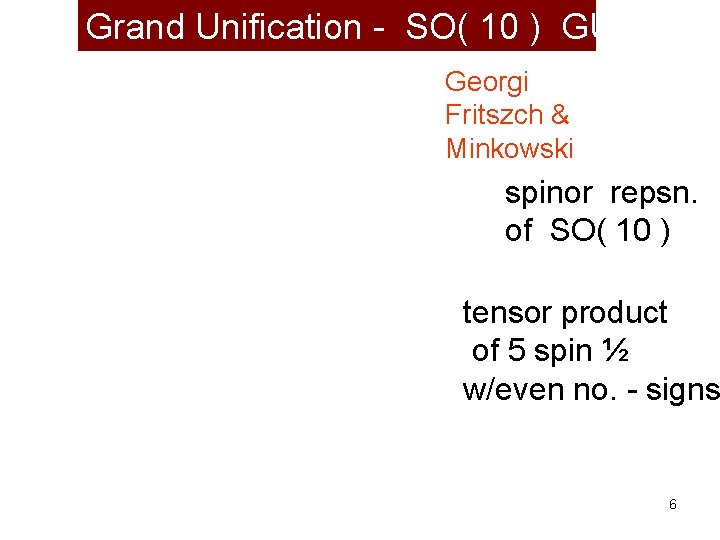 Grand Unification - SO( 10 ) GUT Georgi Fritszch & Minkowski spinor repsn. of