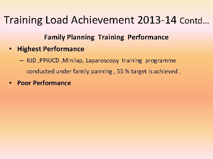 Training Load Achievement 2013 -14 Contd… Family Planning Training Performance • Highest Performance –