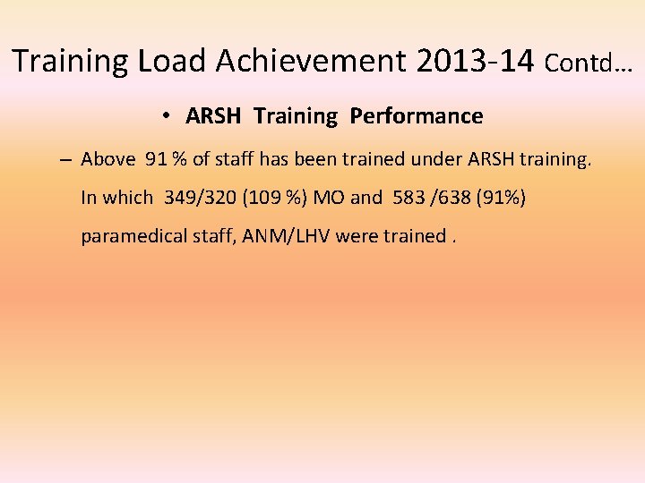Training Load Achievement 2013 -14 Contd… • ARSH Training Performance – Above 91 %