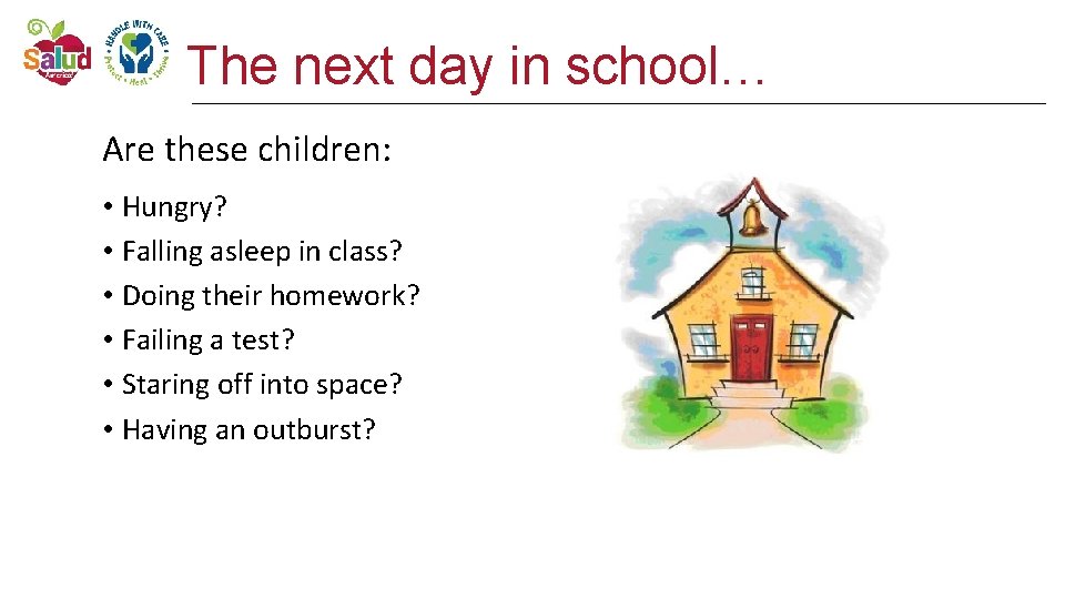 The next day in school… Are these children: • Hungry? • Falling asleep in