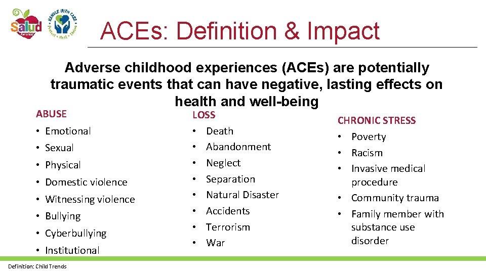 ACEs: Definition & Impact Adverse childhood experiences (ACEs) are potentially traumatic events that can