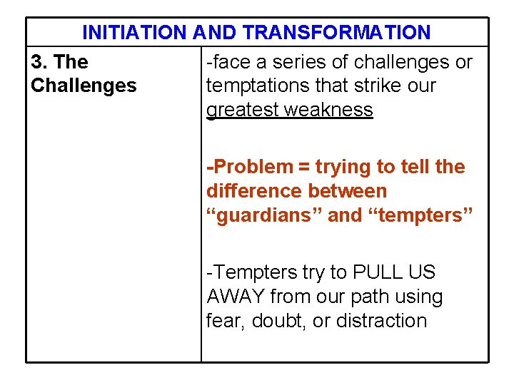 INITIATION AND TRANSFORMATION 3. The -face a series of challenges or Challenges temptations that
