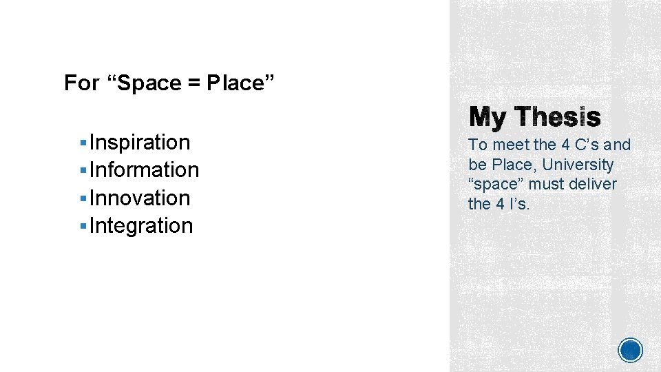 For “Space = Place” § Inspiration § Information § Innovation § Integration To meet