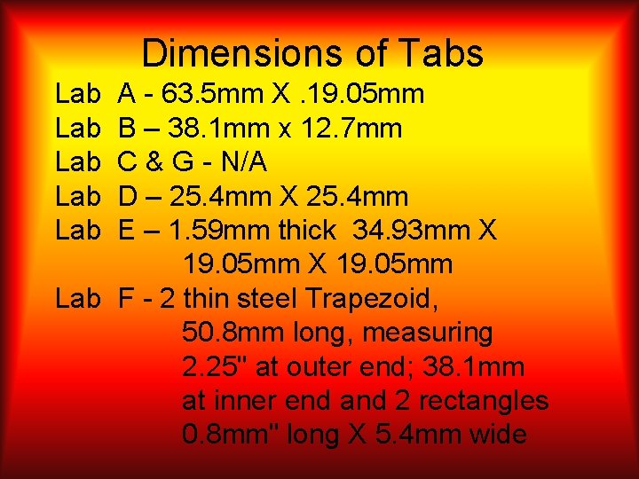 Dimensions of Tabs Lab Lab Lab A - 63. 5 mm X. 19. 05