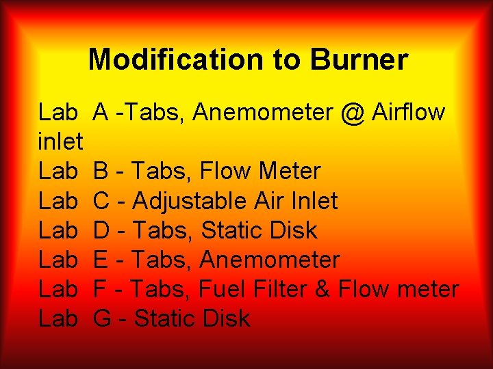 Modification to Burner Lab inlet Lab Lab Lab A -Tabs, Anemometer @ Airflow B