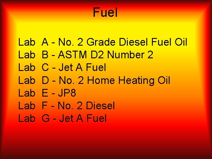 Fuel Lab Lab A - No. 2 Grade Diesel Fuel Oil B - ASTM