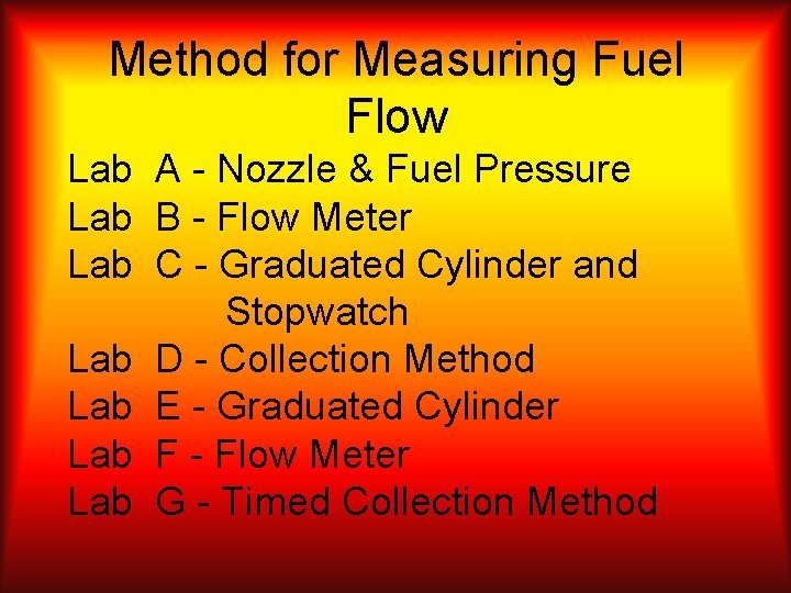 Method for Measuring Fuel Flow Lab A - Nozzle & Fuel Pressure Lab B