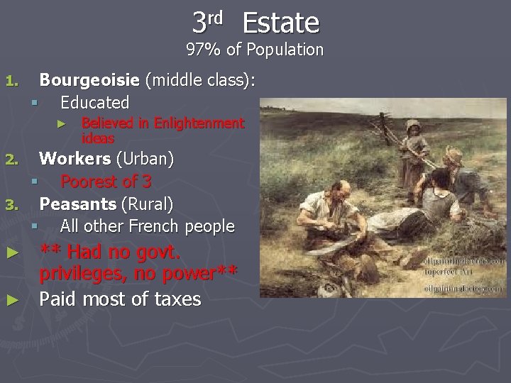 3 rd Estate 97% of Population 1. Bourgeoisie (middle class): § Educated ► Believed