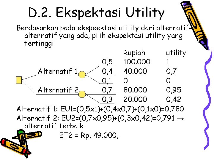 D. 2. Ekspektasi Utility Berdasarkan pada ekspeektasi utility dari alternatif yang ada, pilih ekspektasi