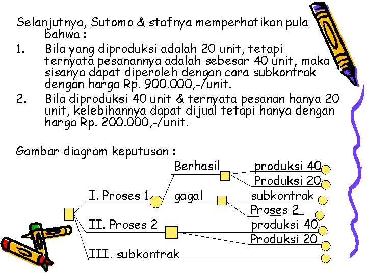 Selanjutnya, Sutomo & stafnya memperhatikan pula bahwa : 1. Bila yang diproduksi adalah 20