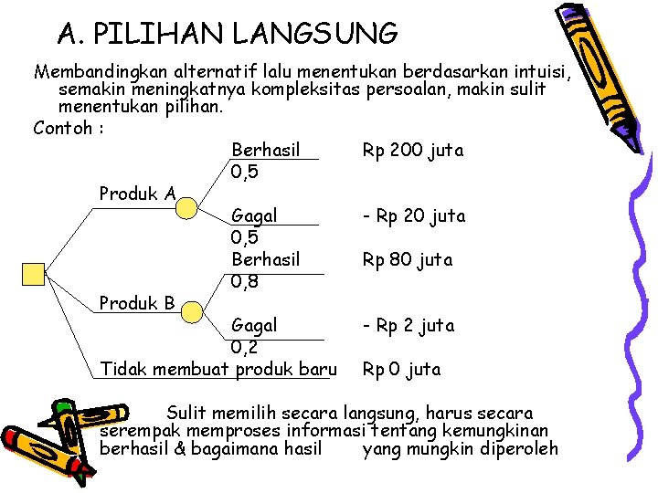 A. PILIHAN LANGSUNG Membandingkan alternatif lalu menentukan berdasarkan intuisi, semakin meningkatnya kompleksitas persoalan, makin