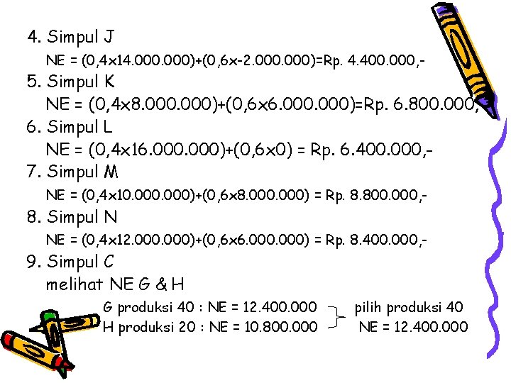 4. Simpul J NE = (0, 4 x 14. 000)+(0, 6 x-2. 000)=Rp. 4.